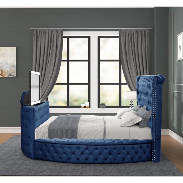 Maya Modern Style Crystal Tufted King Bed with TV Footboard Stand and