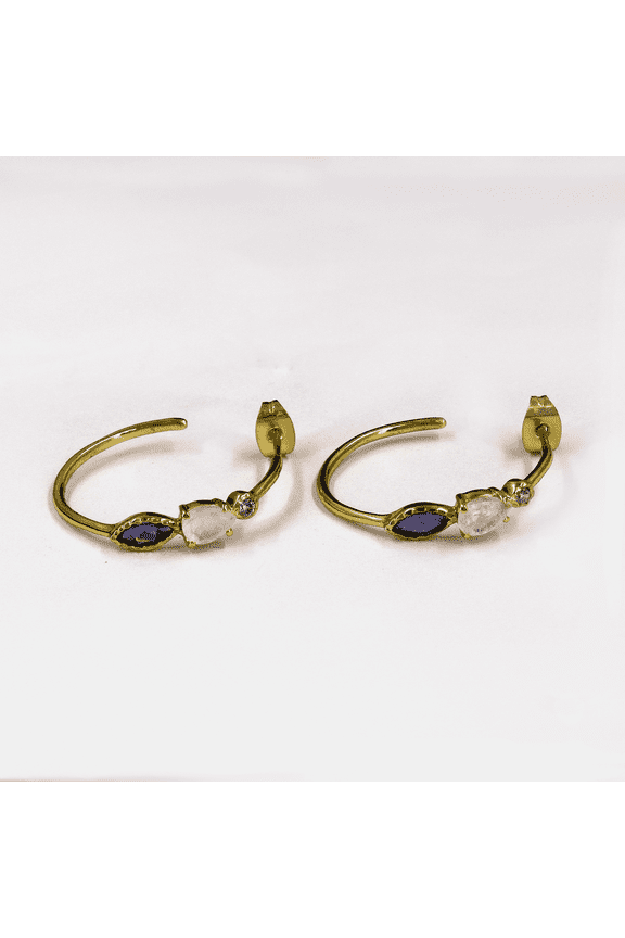 18k Rose Gold-Plated Gemstone Hoop Earrings With Natural Moonstone, Iolite And Cubic Zirconia Elegant Gift For Her