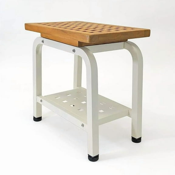 Maya Shower Bench, Teak & Aluminum Shower/Bath/Spa/Patio Stool Bench, Chair/Side Table with Storage Shelf for Indoor/Outdoor, Adjustable TPR Foot Pads, B102/BGE Light Beige