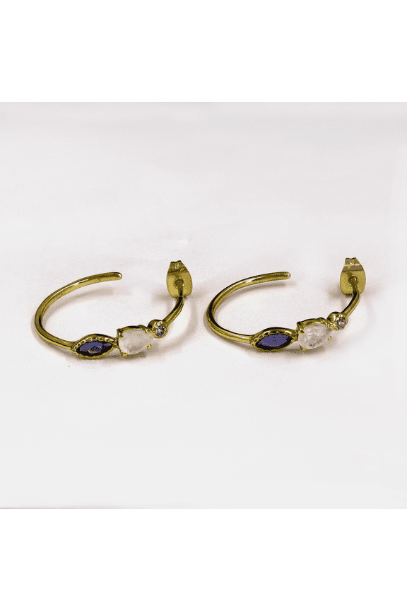 Silver-Plated Gemstone Hoop Earrings With Natural Moonstone, Iolite And Cubic Zirconia Elegant Gift For Her