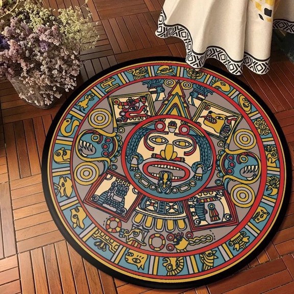 Maya Totem Carpet Folk Style Round Living Room Bedroom Rug Bohemia Chair Cushion Blanket Tent Hallway Mat Home Soft Salon Rugs