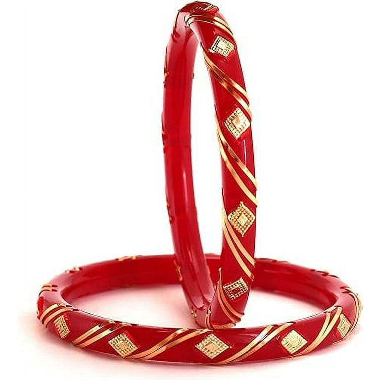 Maya Vera Indian Handcrafted Set of 2 Gold Plated Red Colour Pola Bangles Bollywood Designer Jewelry Bangle Bracelets In Gold Tone For Women