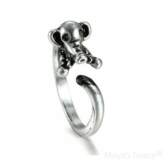 Maya's Grace Adjustable Elephant Ring for Women, Vintage Antique-Style - Silver