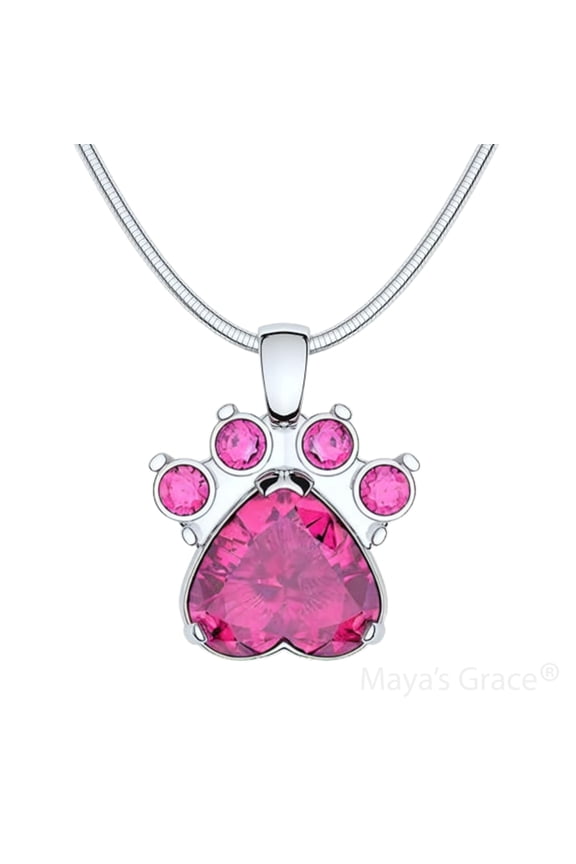 Birthstone Paw Print Pendant Necklace, Rhinestone Gemstone, Pendant Necklace for Women - July