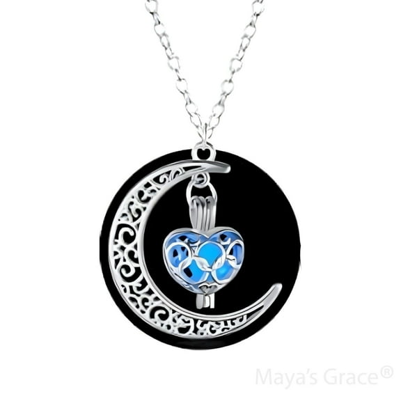 Maya's Grace Crescent Sailor Half Moon Glow in The Dark Dangling Moonstone Heart Pendant Necklace for Women - Blue
