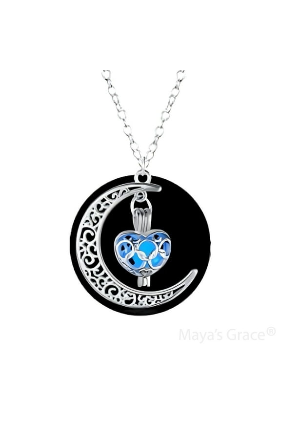 Crescent Sailor Half Moon Glow in The Dark Dangling Moonstone Heart Pendant Necklace for Women - Blue
