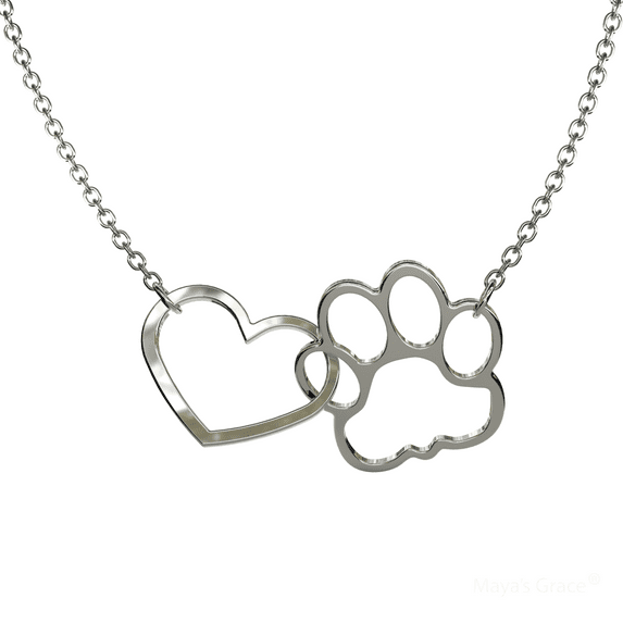 Maya's Grace Paw Print Heart Necklace for Dog and Cat Lovers - Silver