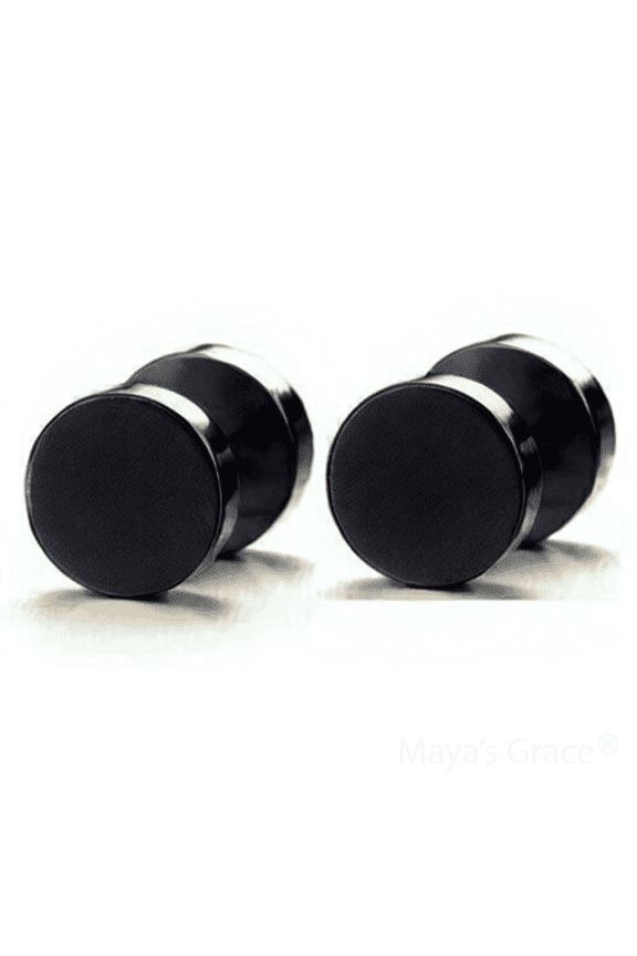Round Barbell Dumbbell Flat Back Disc Stud Earrings Unisex - Black, 12mm