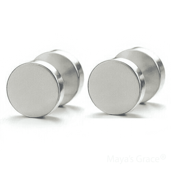 Maya's Grace Round Barbell Dumbbell Flat Back Disc Stud Earrings Unisex - Silver, 8mm