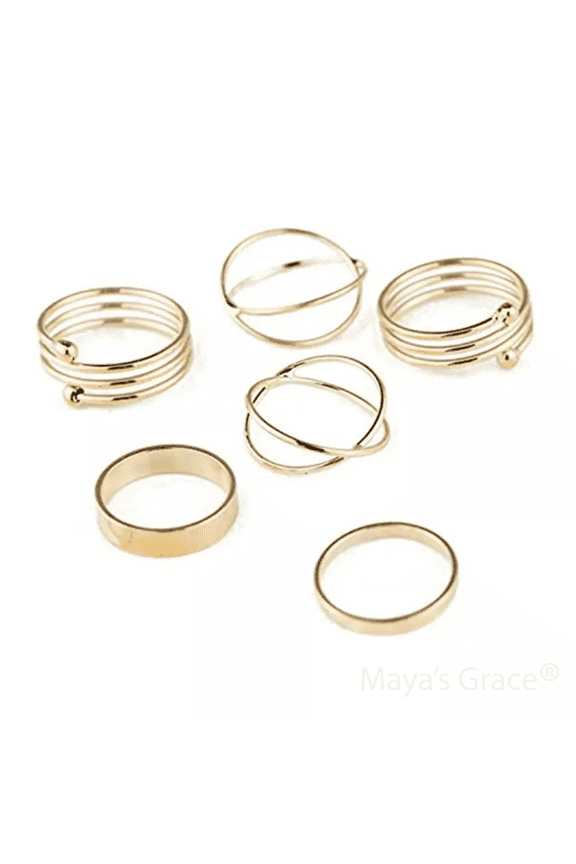 Stackable Midi and Knuckle Rings Set for Women, 6-Piece Boho Aesthetic Jewelry in Gold and Silver - Gold