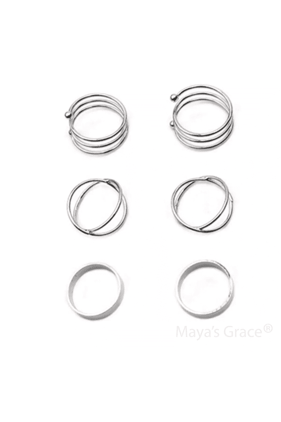 Stackable Midi and Knuckle Rings Set for Women, 6-Piece Boho Aesthetic Jewelry in Gold and Silver - Silver