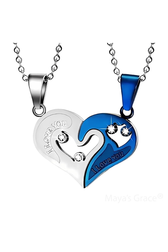 Two Pieces Heart Shaped with I Love You Message Pendant and Couple Matching Necklace - Blue