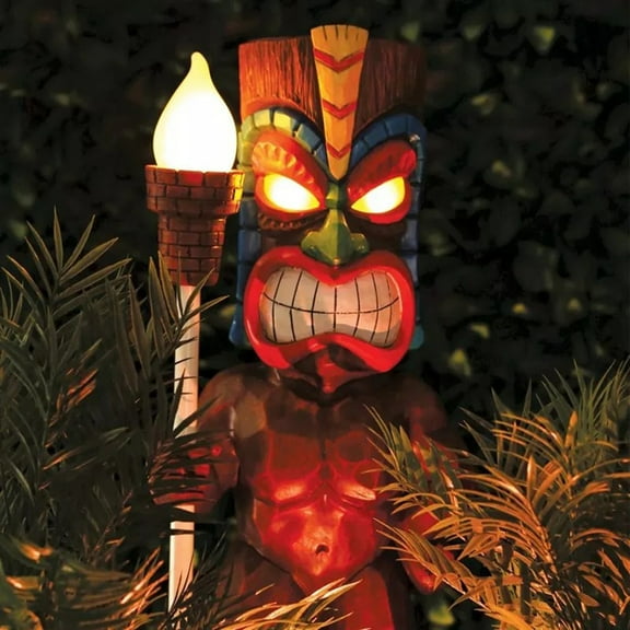 Mayan Angry Tiki Statue, Outdoor Solar LED Light, Waterproof Garden Decor, Tropical Patio Torch, Happy Face Polynesian Sculpture for Backyard Pathway