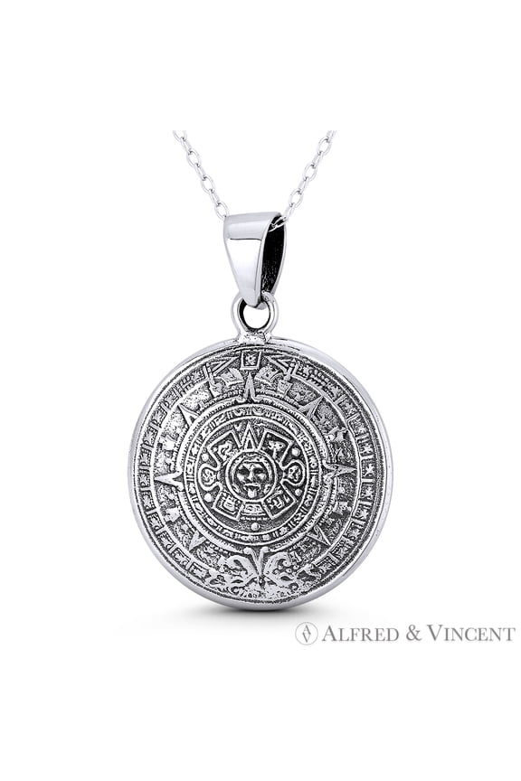 Mayan Calendar & Aztec God Tlaltecuhtli 37x26mm (1.5x1in) Pendant & Chain Necklace in Oxidized .925 Sterling Silver