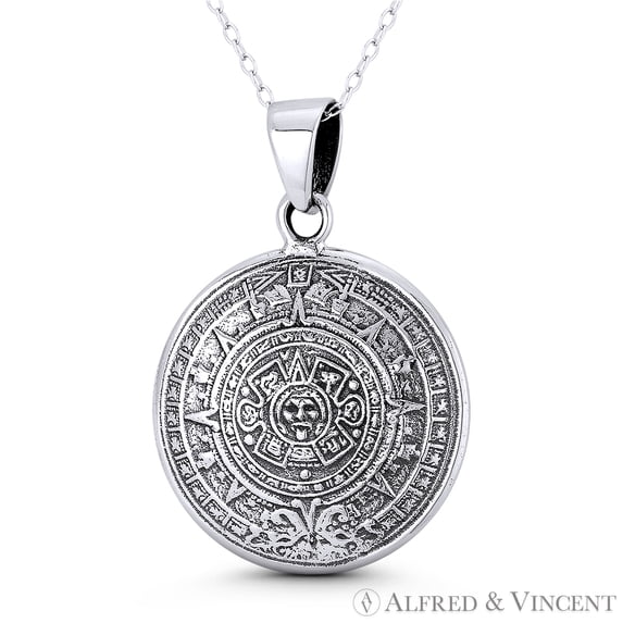 Mayan Calendar & Aztec God Tlaltecuhtli 37x26mm (1.5x1in) Pendant Necklace in Oxidized .925 Sterling Silver