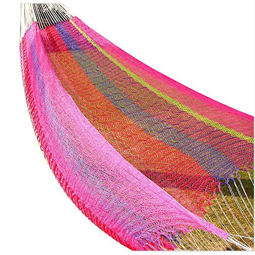 Mayan Double Hammock, 118"x86", South American Style Cotton Bed with Nylon Harness, Includes Carrying Pouch, Perfect for Indoor/Outdoor Relaxation, Pink