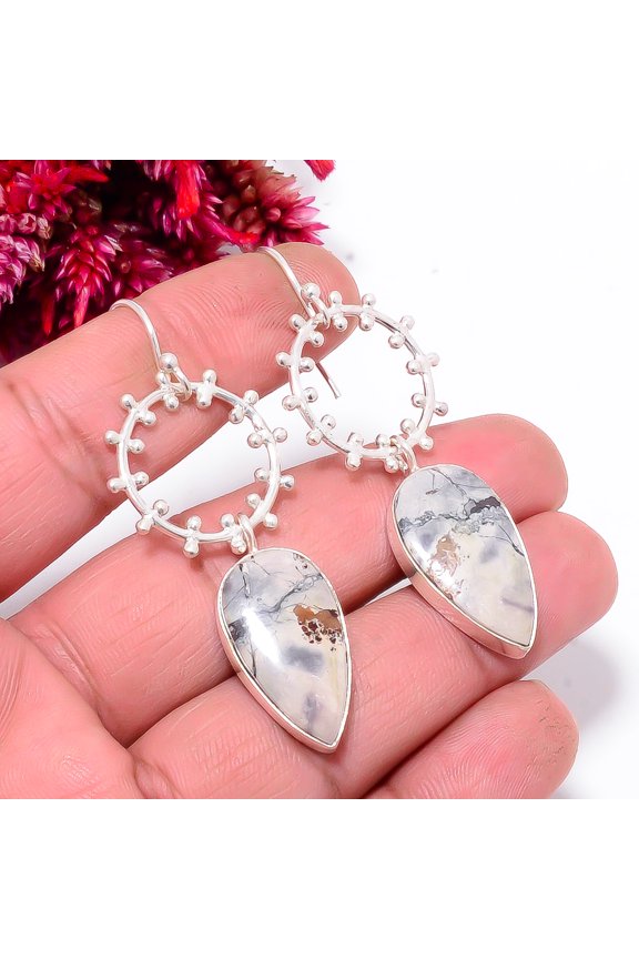 Mayan Porcelian Jasper - Mexico 925 Sterling Silver Handmade Earring 2.34" Sku18, Handmade Jewelry, Dangle Earring