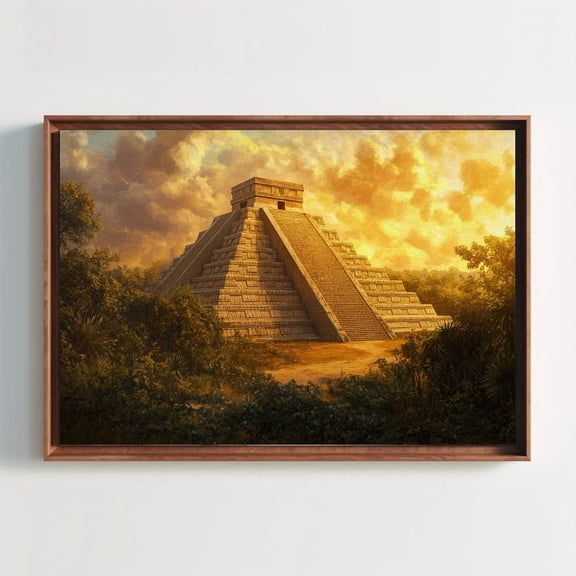 Mayan Pyramids At Sunset Canvas Print | Vibrant Mexican Wall Art | Cultural Mexico Decor For Living Room Or Office | Ready To Hang, Stretched Canvas Size 16x24