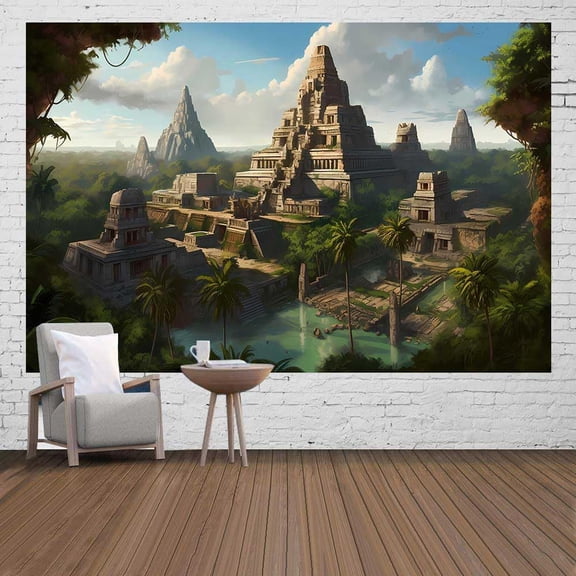 Mayan Temple Wall Tapestry 60 x 40 Inch Blue Sky Pyramid and Forest Landscape for Bedroom Living Room Dorm Wall Decor