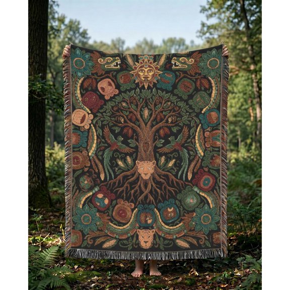 Mayan Tzolkin Tree Woven Cotton Throw Blanket, Boho Sofa Accent