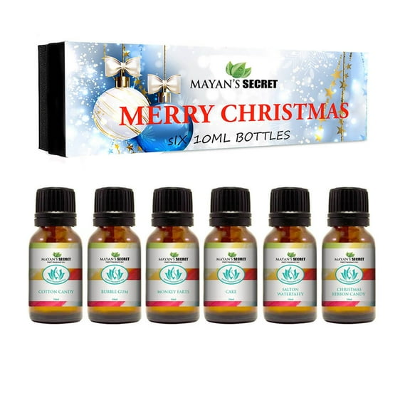 Mayan's Secret Merry Christmas Premium Grade Fragrance Oil - Cotton Candy, Bubble Gum, Monkey Farts, Cake, Salton Water taffy, Christmas Ribbon Candy -  Set of 6/10ml