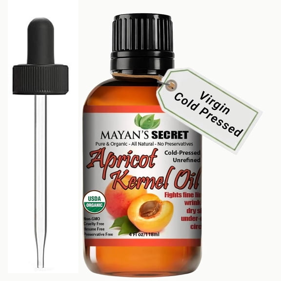 Mayan's Secret Organic Apricot Kernel Oil Natural Cold Pressed, Unrefined in Amber Glass Bottle with Glass Eyedropper for Easy Application USDA Certified - 4oz