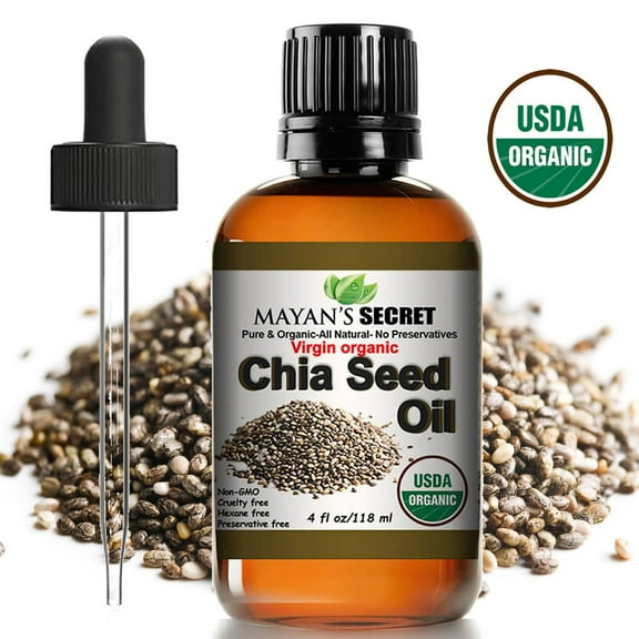 Mayan's Secret Organic Chia Seed Oil Cold Pressed Virgin, USDA Certified Virgin, Natural, Unrefined in Amber Glass Bottle with Glass Eyedropper for Easy Application - 4 oz