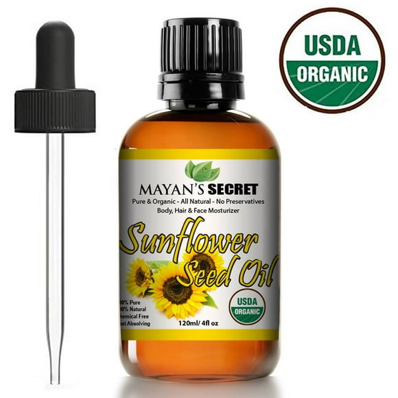 Mayan's Secret Organic Cold Pressed Sunflower Seed Oil for Body, Hair & Face Moisturizer, USDA Certified, High Linoleic, Best for Acne Prone Oily Skin, Daily Facial Regimen for Men & Women - 4oz