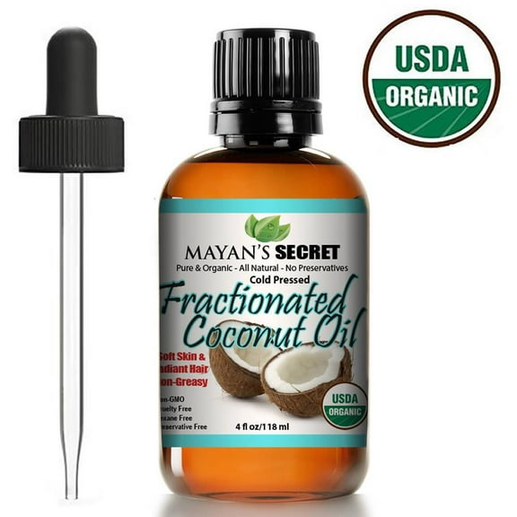 Mayan's Secret Organic Fractionated Coconut Essential Oil For Relaxing Massage, Cold Pressed Natural Hair Oil, Skin Oil, Moisturizer Softener - 4fl oz