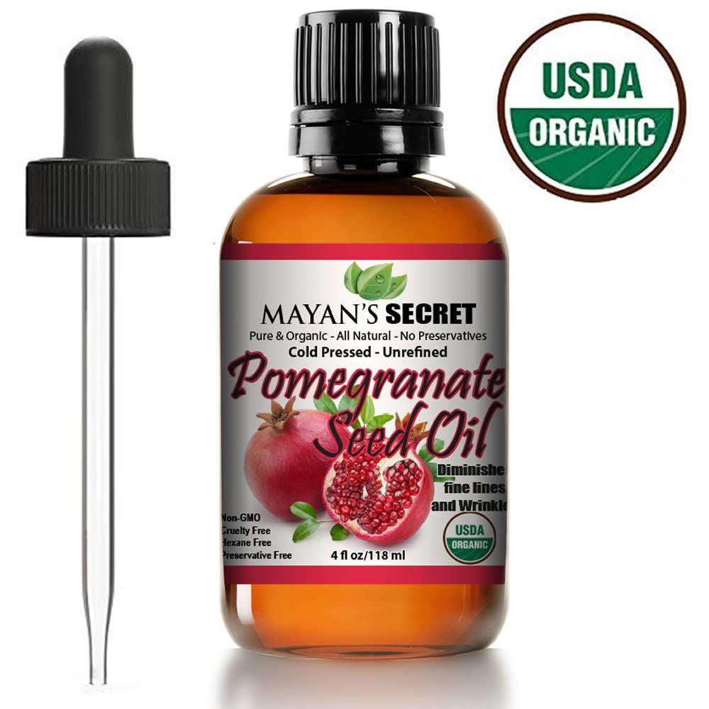 Mayan's Secret Organic Pomegranate Seed Oil for Skin Repair - Large Glass Bottle Cold Pressed and Pure Rejuvenating Oil for Skin, Hair and Nails, USDA Certified - 4oz