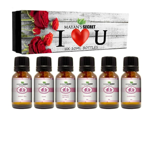 Mayan's Secret Premium Grade Fragrance Oil "I Love You" Gift Set , Forget me not, Plumeria, Jasmine, Lilac, Sweet Pea, Gardenia - 6/10ml