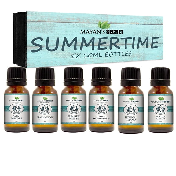 Mayan's Secret Summer Time Fragrance Oil for Diffuser, Body oil, Skin & Hair, Massage, Powder, Beachwood, Tropical Island, Summer Breeze, Toasted, 6/10ml