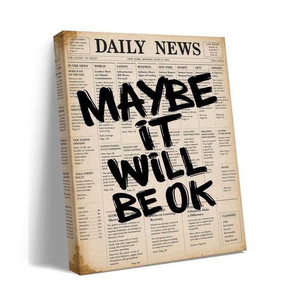 Maybe It Will Be Ok Canvas Wall Art, Inspirational Newspaper Quote Print, Neutral Typography Home Decor