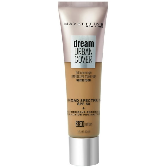 Maybelline Dream Urban Cover Flawless Coverage Foundation Makeup, SPF 50, Toffee, 1 fl. oz.