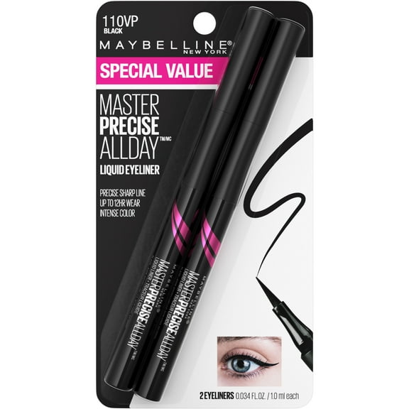 Maybelline EyeStudio Master Precise All Day Liquid Eyeliner Makeup, Black, 2 Pack