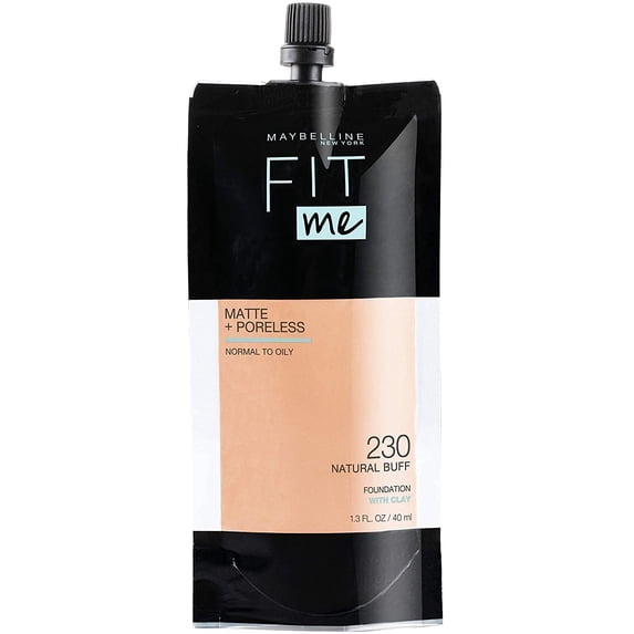 Maybelline Fit Me Matte + Poreless Liquid Foundation, Face Makeup, Mess-Free No Waste Pouch Format, Normal to Oily Skin Types, Natural Buff, 1.3 Fl Oz
