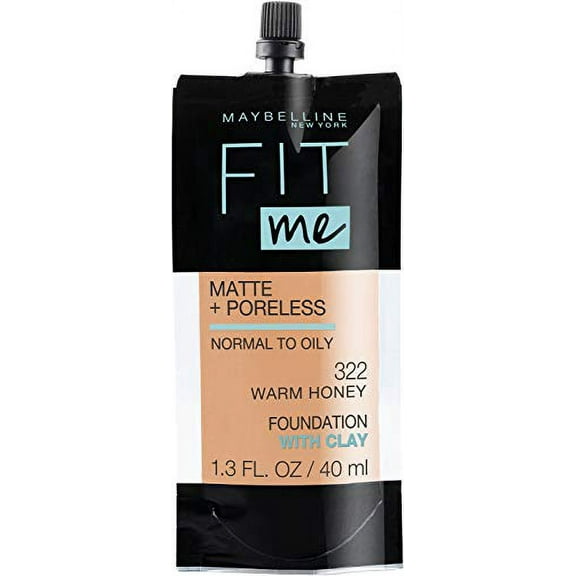 Maybelline New York Fit Me Matte + Poreless Liquid Foundation, Pouch Format, 322 Warm Honey, 1.3 Ounce