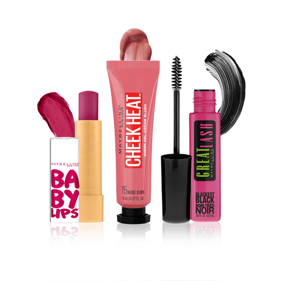 Maybelline Great Lash Mascara, Cream Blush, and Lip Balm Trio, Blackest Black