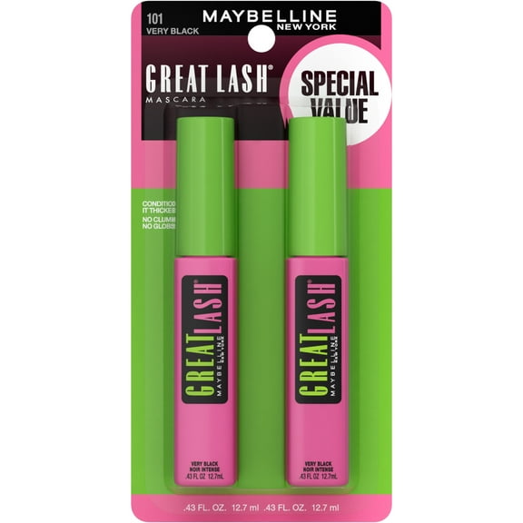 Maybelline Great Lash Washable Mascara, Very Black, 2 Count