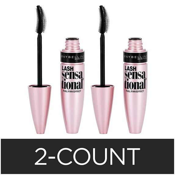 Maybelline Lash Sensational Washable Mascara Makeup, Volumizing, Lengthening, Full-Fan Effect, Blackest Black, 0.32 Fl Oz, 2 Count