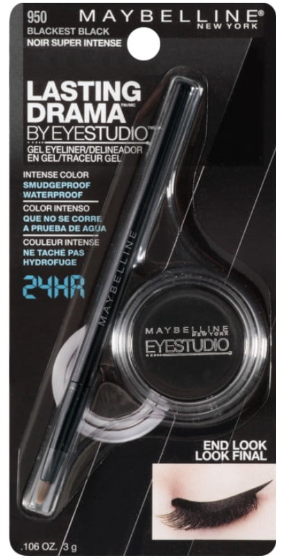 Maybelline Eye Studio Lasting Drama Gel Eyeliner, 950-Blackest Black, Waterproof, 0.106 oz (Pack of 2)