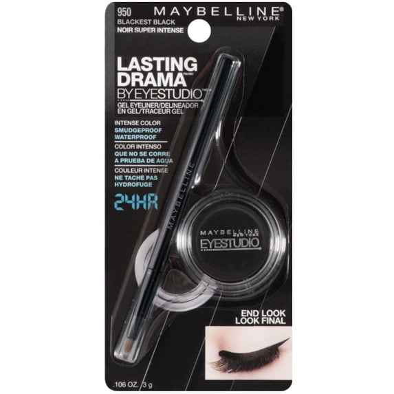 Maybelline Eye Studio Lasting Drama Gel Eyeliner, 950-Blackest Black, Waterproof, 0.106 oz (Pack of 2)