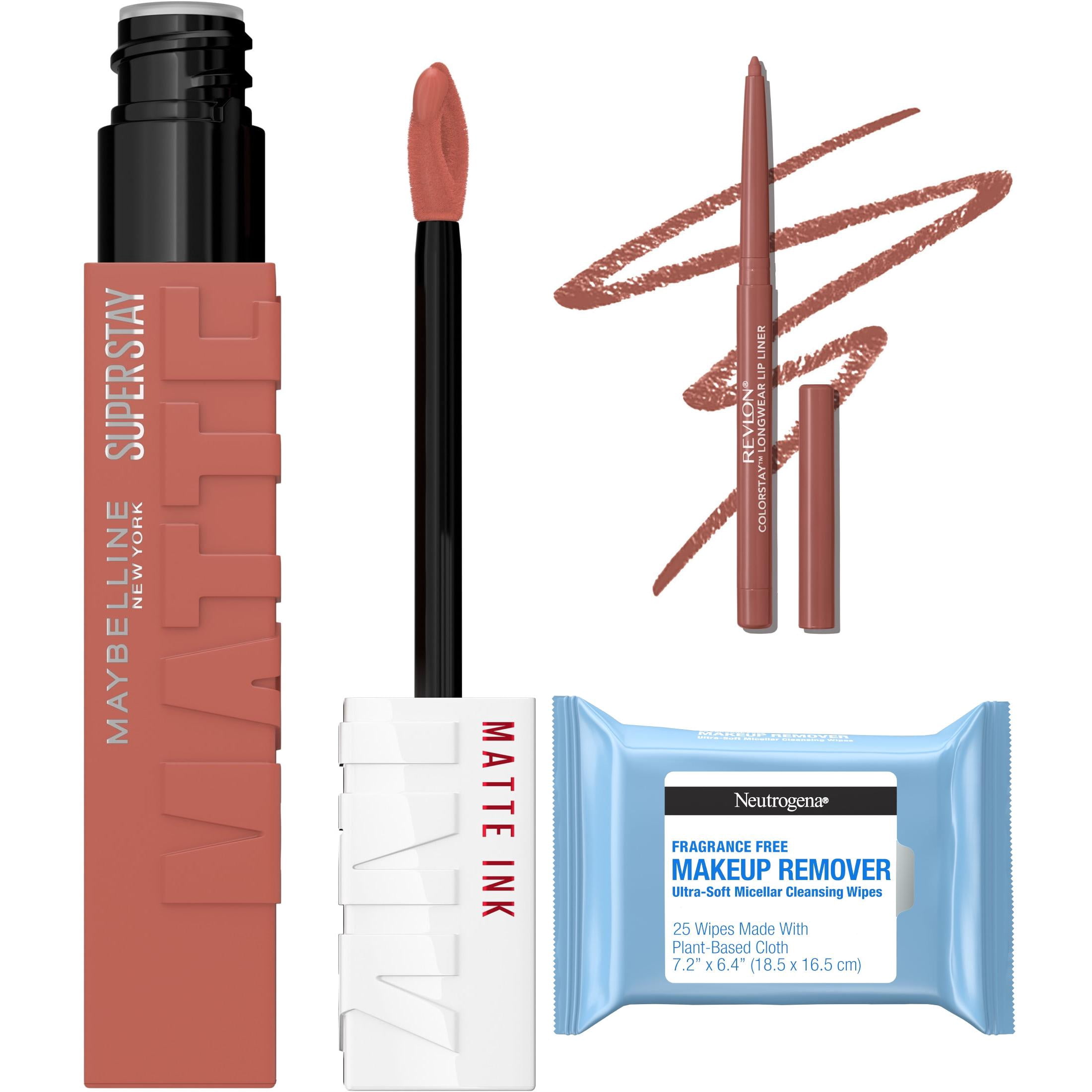 Maybelline Matte Lipstick, Revlon Lip Liner & Neutrogena Makeup Remover Wipes Beauty Bundle
