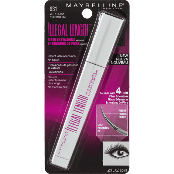 Maybelline New York Illegal Length Fiber Extensions Washable Mascara, Very Black