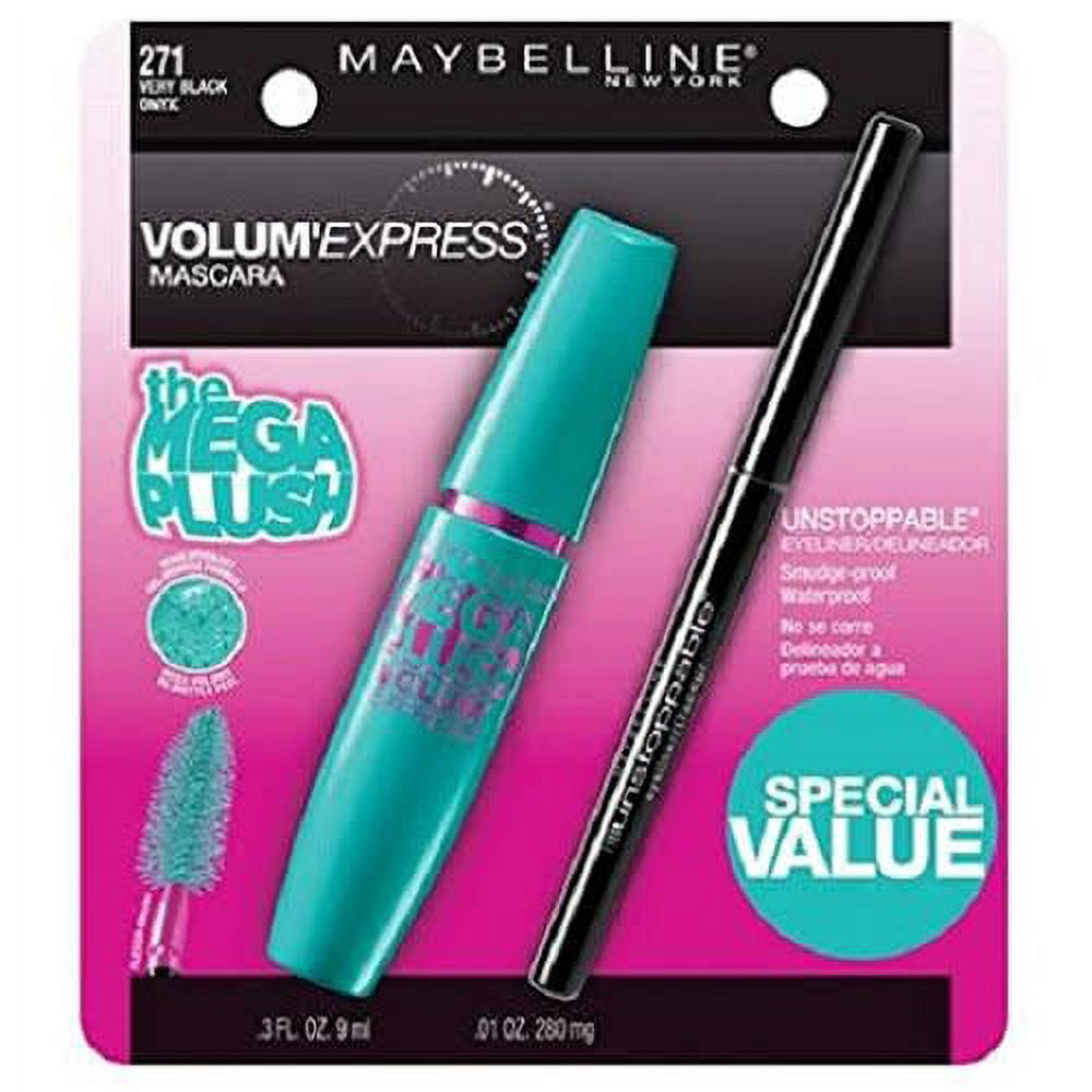 Maybelline Volum' Express Mega Plush Mascara, 271 Very Black, and Eyeliner