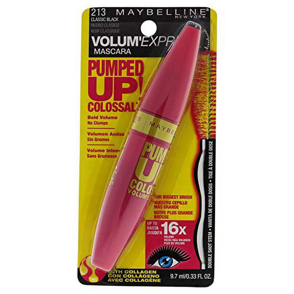 Maybelline Volum\' Express Pumped Up Colossal Mascara, Washable Formula  Infused with Collagen for Up To 16x Lash Volume, Classic Black, 1 Count
