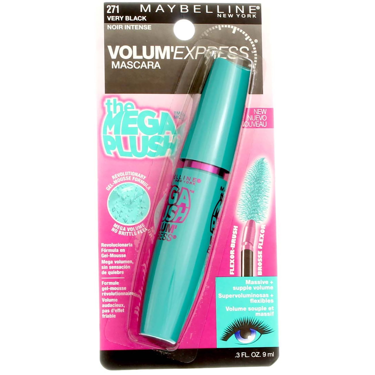 Maybelline Volum' Express The MegaPlush Washable Mascara, Very Black [271], 0.3 oz (Pack of 2)