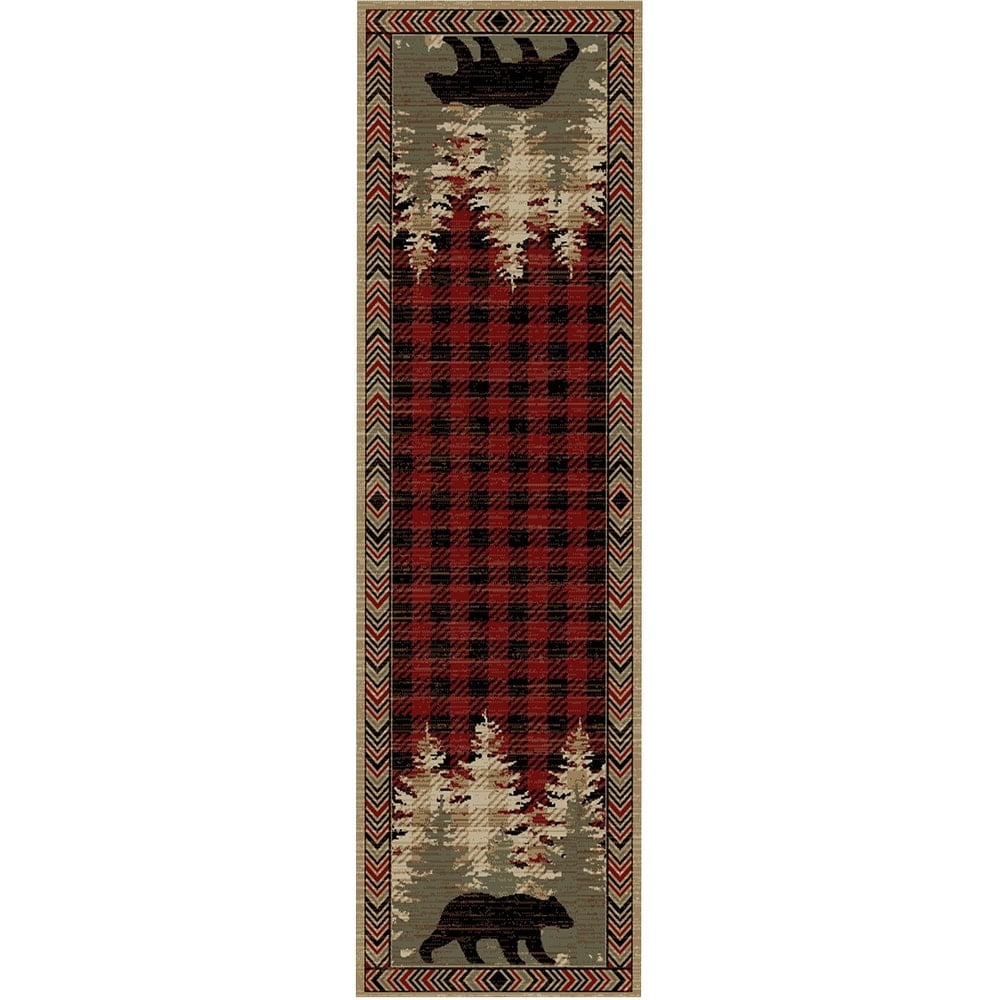 Mayberry Rug Tree Stump Mayberry Rug, Red Rustic Cabin Lodge Area Rug, Plaid Bear and Tree ...