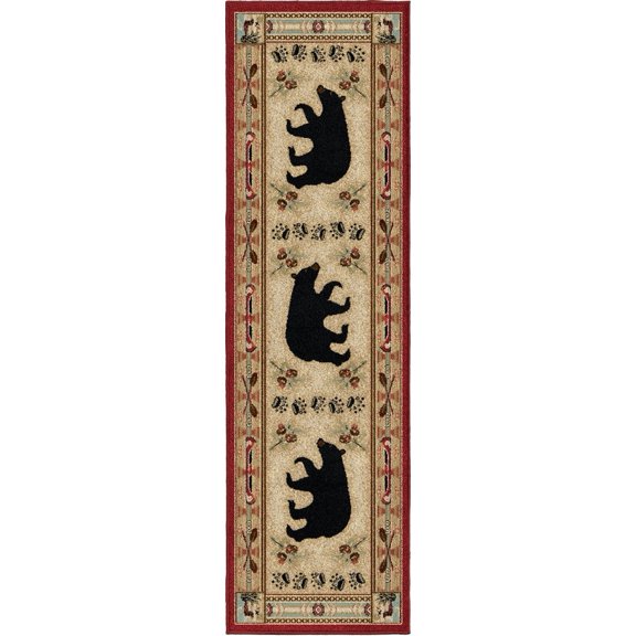 Mayberry Rug HS4882 2X8 2 ft. 3 in. x 7 ft. 7 in. Hearthside Woodlands Bear Area Rug, Red