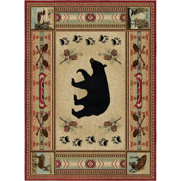 Mayberry Rug HS4882 5X8 5 ft. 3 in. x 7 ft. 3 in. Hearthside Woodlands Bear Area Rug, Red